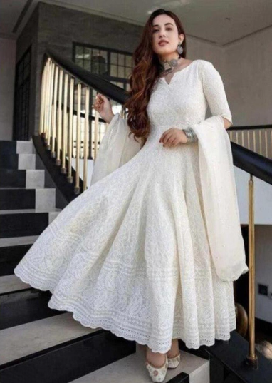 Pure Cotton Embroidered White Long Gown Kurta With Dupatta S - Rajasthan - Jaipur ID1517956 4