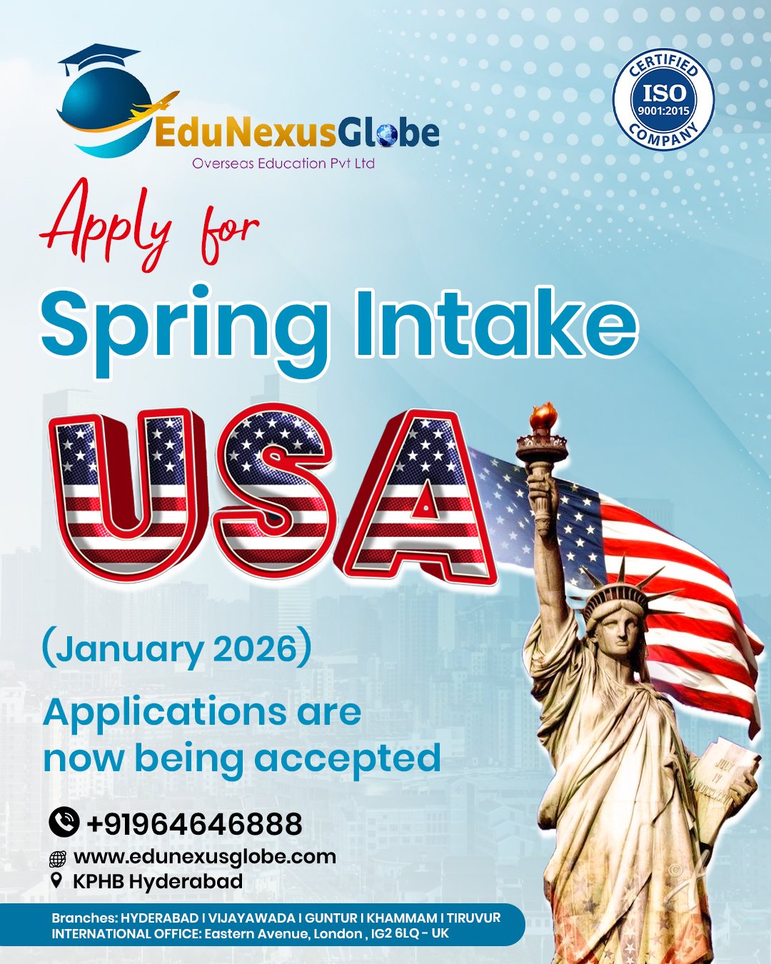 Apply Now for USA Spring Intake 2026 with EduNexus Globe - Andhra Pradesh - Hyderabad ID1608167