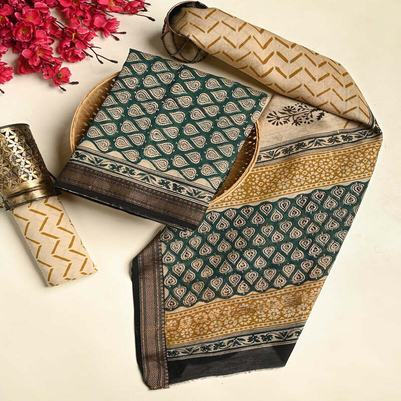 Premium Hand Print Maheshwari Silk Suit Set Online - Rajasthan - Jaipur ID1547298