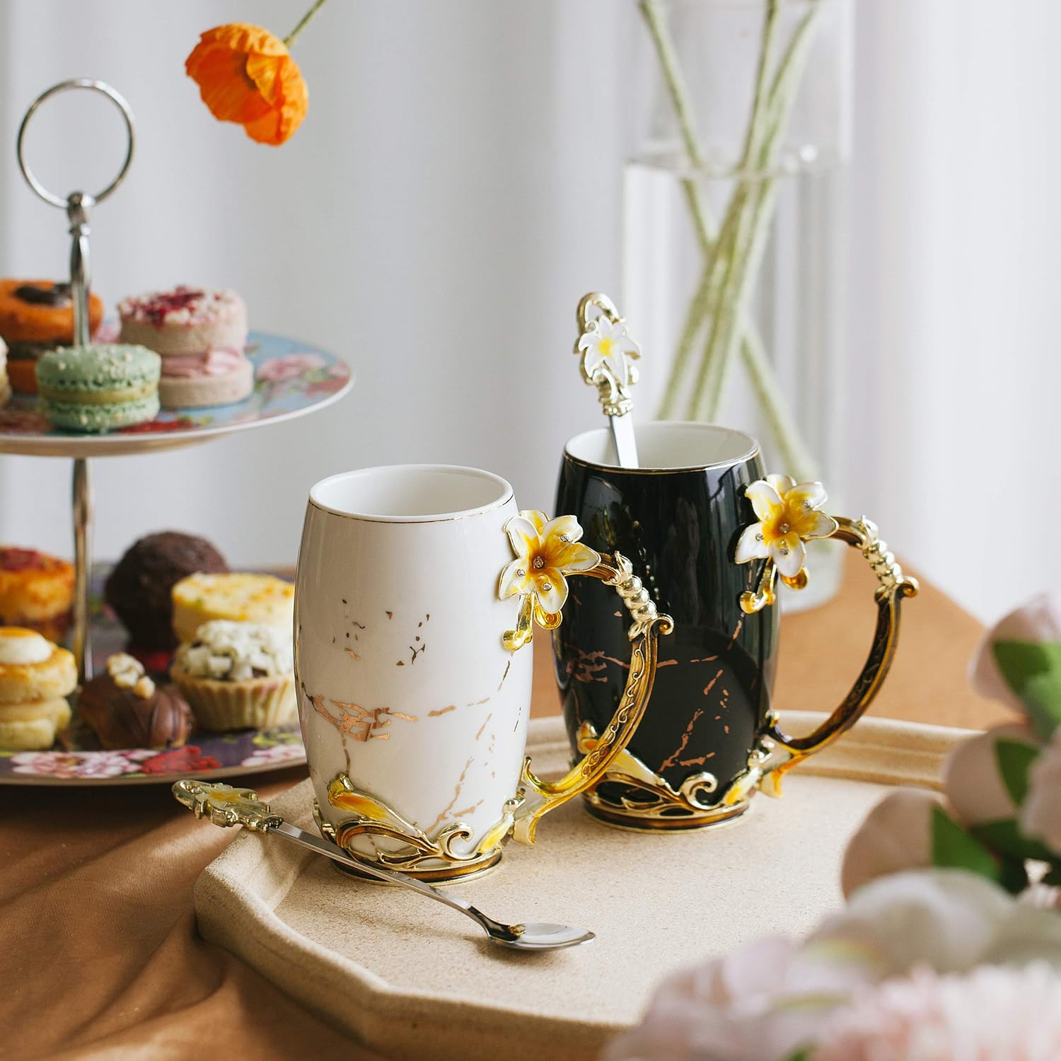 BTaT Floral Ceramic Mugs with Spoon Set of 2 Black  Whit - New York - Albany ID1595595 3