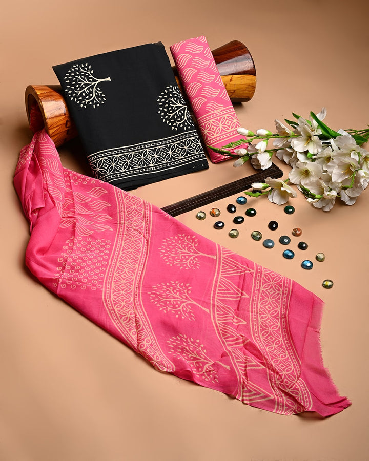 Buy New Black And Pink Soft Cotton Suit With Chiffon Dupatta - Rajasthan - Jaipur ID1555687