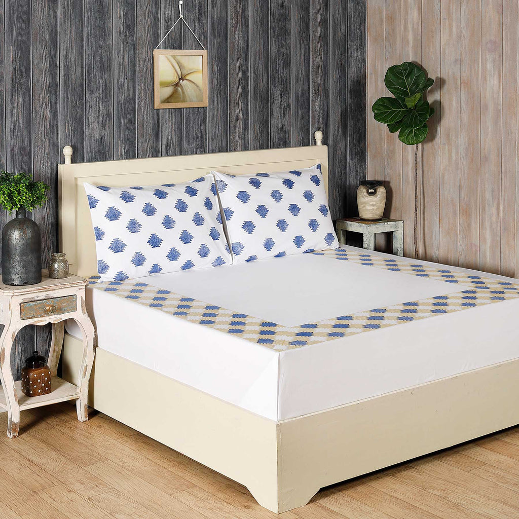 Buy Galicha Beige and Blue Hand Block Print Cotton Bed Sheet - Rajasthan - Jaipur ID1547087