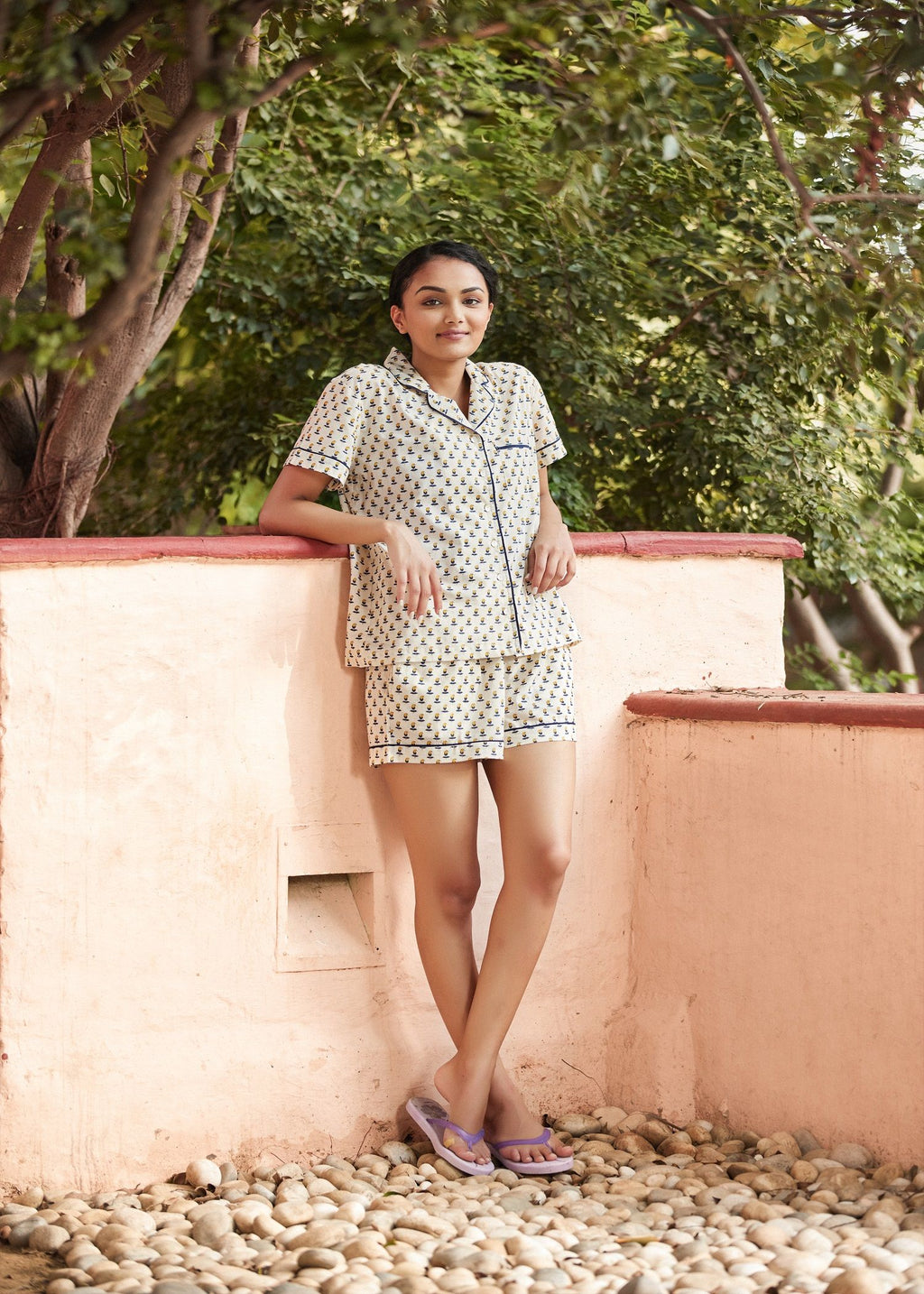 Buy Womens Bloom Mustard  Deep Blue Cotton Night Shorts On - Rajasthan - Jaipur ID1553847