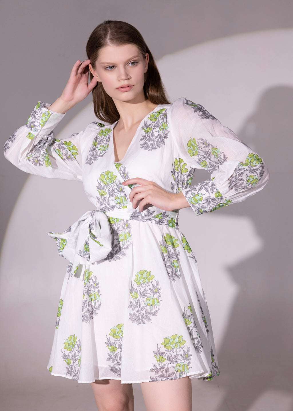 Buy White  Leaf Green Flared Cotton Wrap Dress Online - Rajasthan - Jaipur ID1523831
