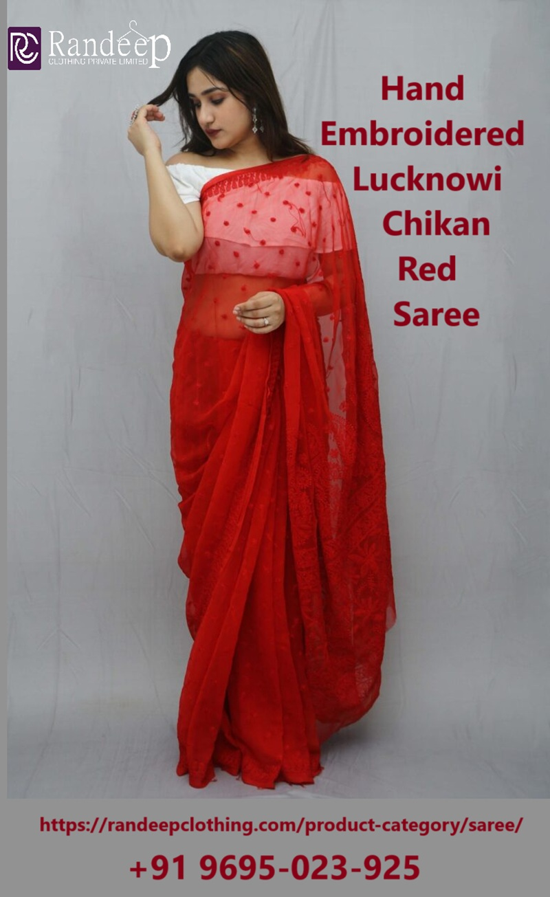 For Sale Hand Embroidered Lucknowi Chikan Red Saree - Uttar Pradesh - Lucknow ID1597531