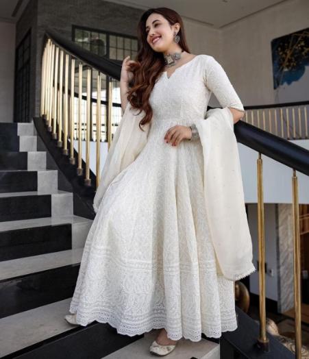 Pure Cotton Embroidered White Long Gown Kurta With Dupatta S - Rajasthan - Jaipur ID1517956 3
