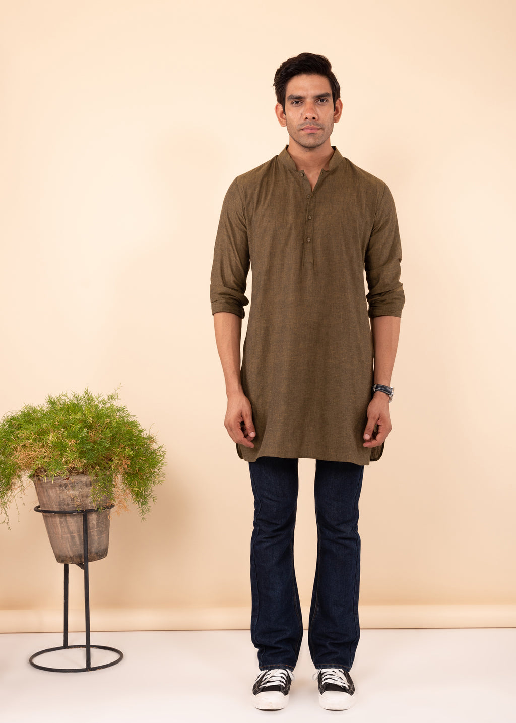 Buy Trendy Olive Woven Cotton Short Kurta Online - Rajasthan - Jaipur ID1536175