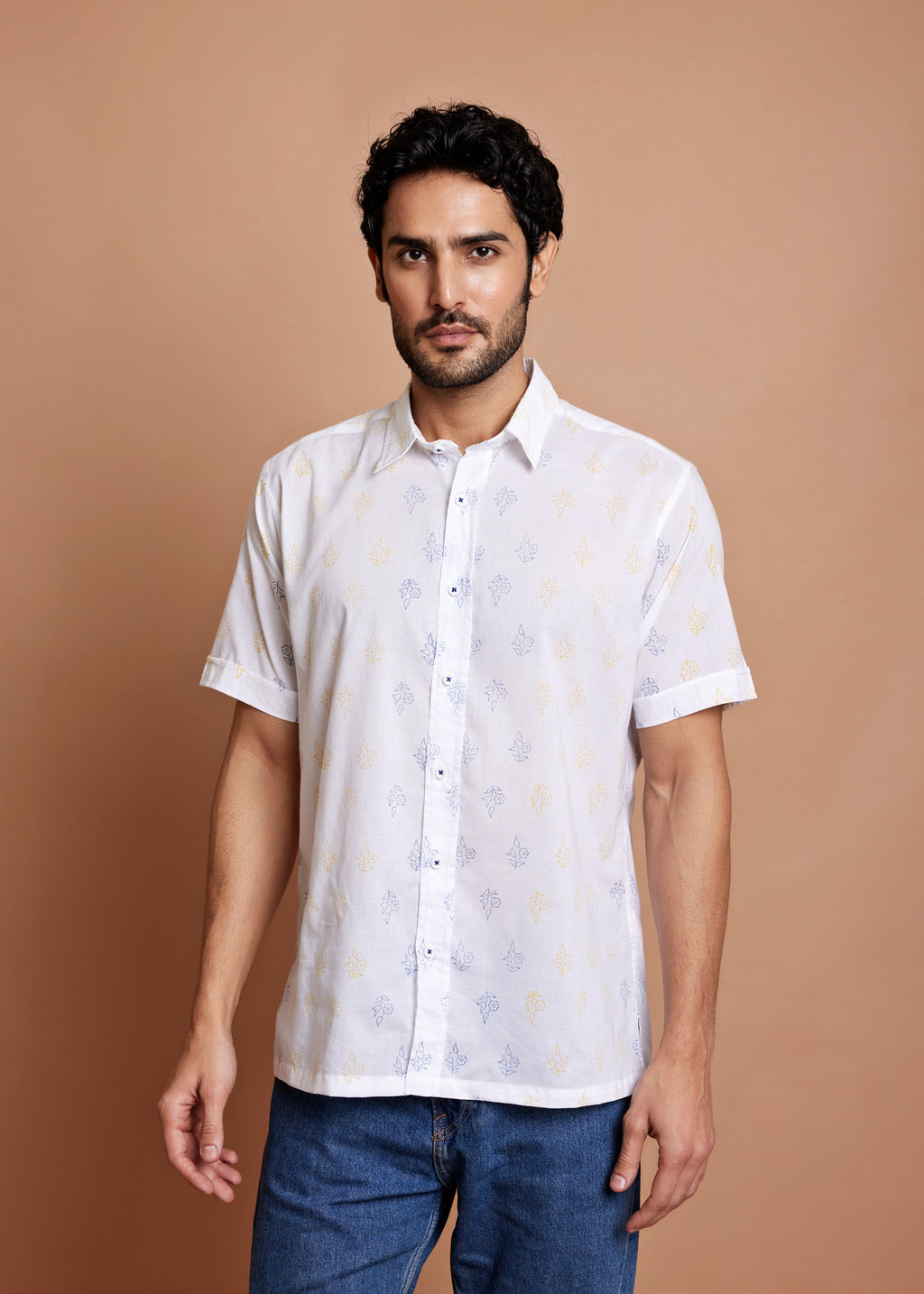 Buy White Yellow  Blue Regular Cotton Half Sleeve Shirt Onl - Rajasthan - Jaipur ID1558118