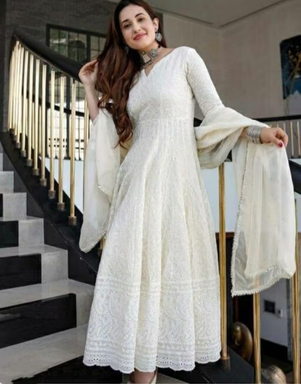 Pure Cotton Embroidered White Long Gown Kurta With Dupatta S - Rajasthan - Jaipur ID1517956 2