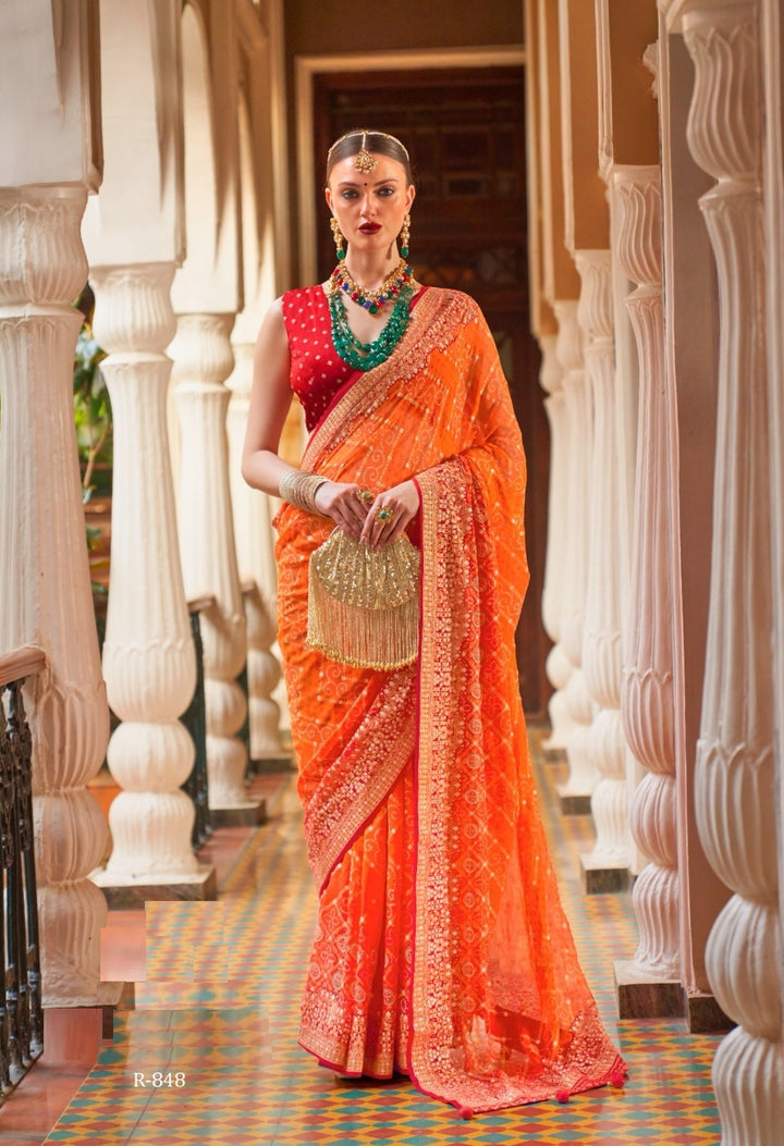 Buy Leheriya Saree In Orange and Designer Saree  Online At J - Maharashtra - Mumbai ID1561682