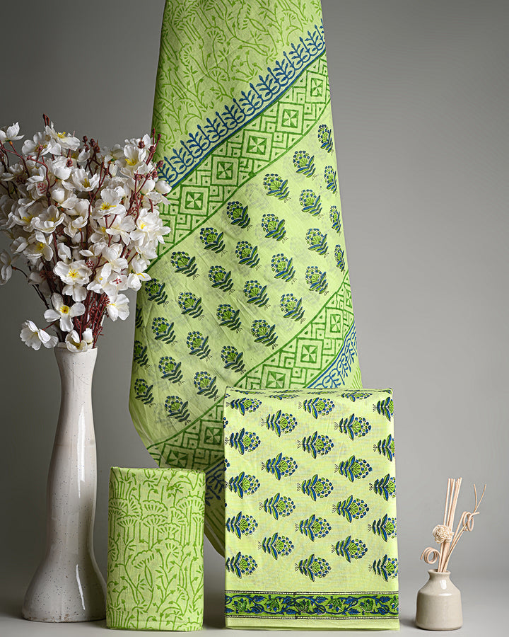 Buy Sanganeri Green Hand Block Print Cotton Suit Sets With C - Rajasthan - Jaipur ID1526084