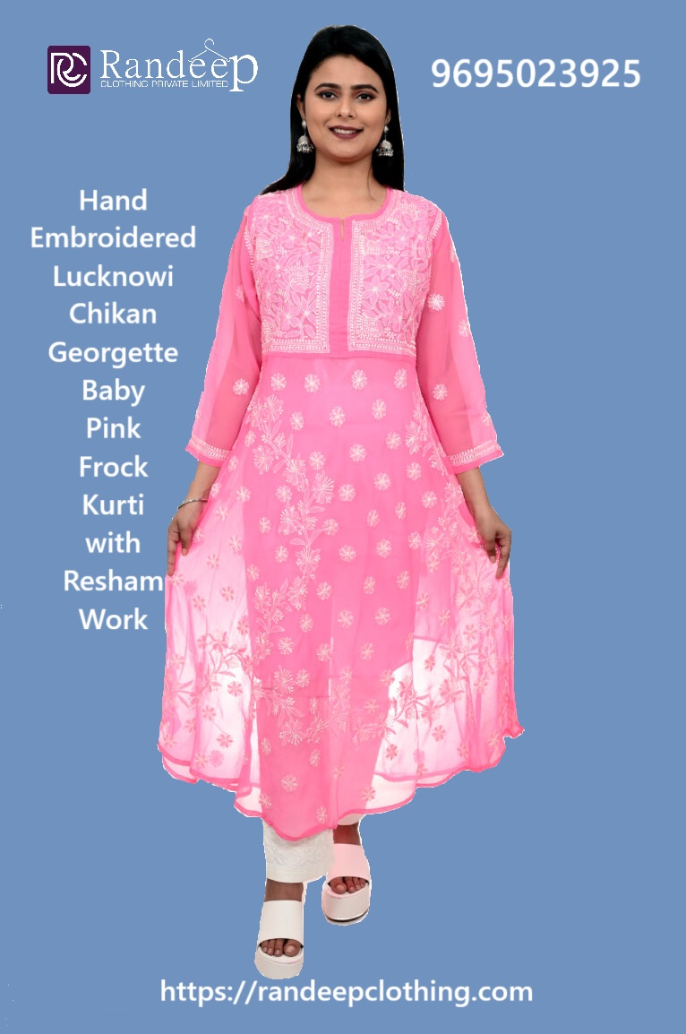 Hand Embroidered Lucknowi Chikan Georgette Baby Pink Frock K - Uttar Pradesh - Lucknow ID1598600