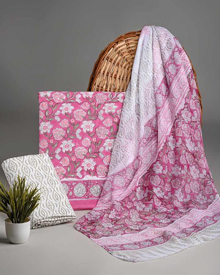 Buy Premium Pink With White Floral Sanganeri Print Cotton Su - Rajasthan - Jaipur ID1549417