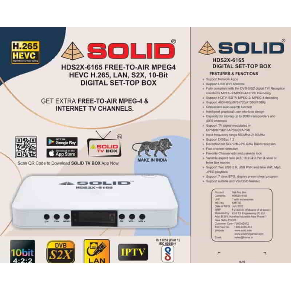 SOLID HDS2X6165 H265 10Bits HEVC DVBS2X FullHD FTA SetTo - Delhi - Delhi ID1515714
