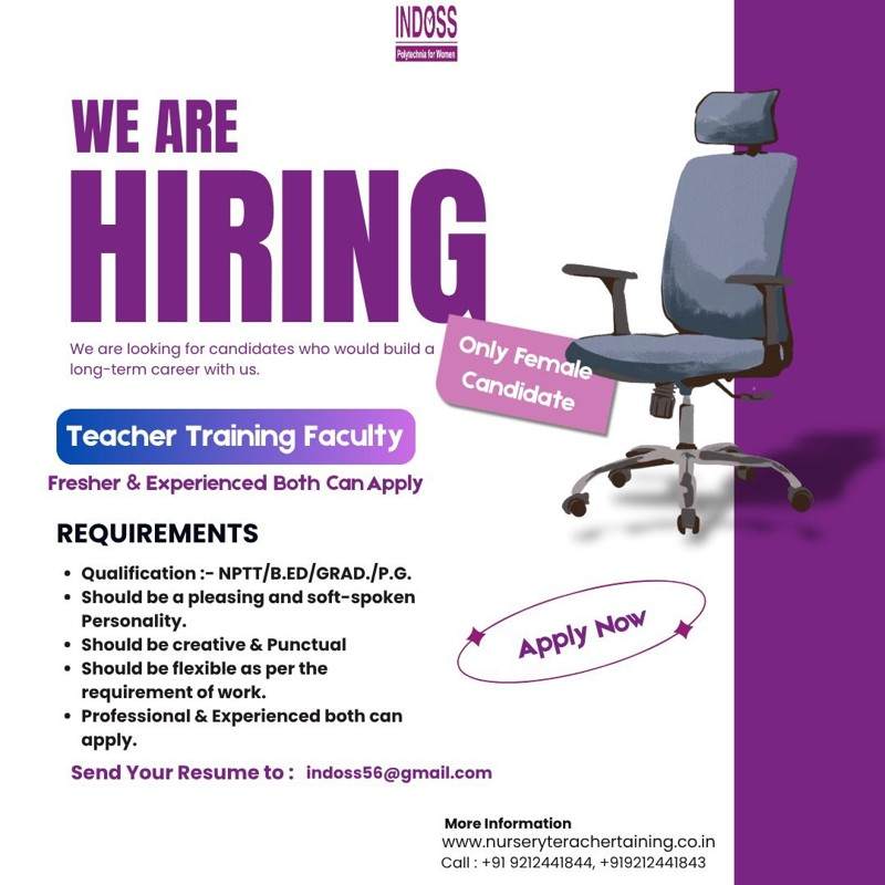 Hiring Now  Female Teacher Training Faculty Apply Today! - Delhi - Delhi ID1621153