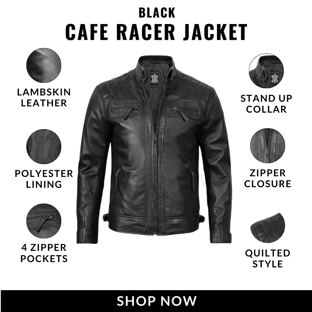 Black Cafe Racer Leather Jacket - California - Carlsbad ID1594191