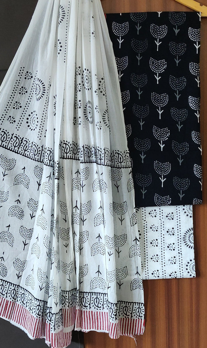 Buy White And Black Printed Cotton Suit With Mulmul Dupatta  - Rajasthan - Jaipur ID1553925