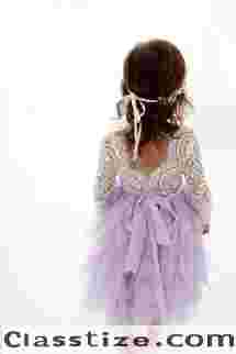 Lavender Flower Girl Dress, Long Sleeve Boho Beach Wedding Dress for Girls, Lilac Spring Junior Bridesmaid Gown