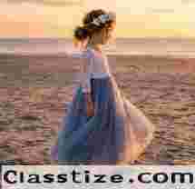 Dusty Blue Gray Tulle Ball Gown, White Lace Flower Girl Dress for Girls