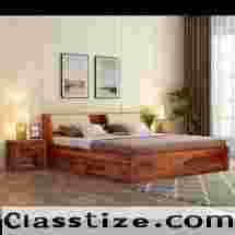 Buy Walken Sheesham Wood Designer Bed with Full Drawer Storage Online (Queen Size, Honey Finish)