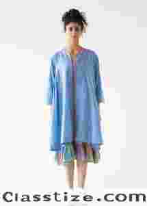 Shop Blue Multi Loose Cotton Over-Lay Dress with Slip Online