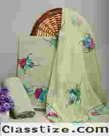 Buy New Green Hand Printed Cotton Suit With Chiffon Dupatta Online
