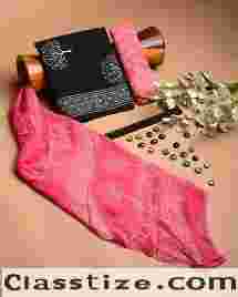 Buy New Black And Pink Soft Cotton Suit With Chiffon Dupatta