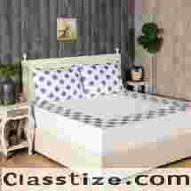 Buy Galicha Beige and Blue Hand Block Print Cotton Bed Sheet with Two Pillow Covers Online