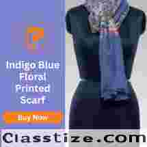 Indigo Blue Floral Printed Scarf by Parmar Apparel