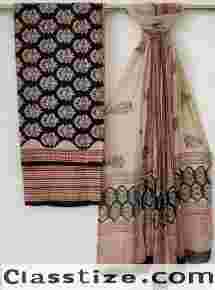 Buy Traditional Black and Brown Hand Painted Cotton Sets With Chiffon Dupatta 
