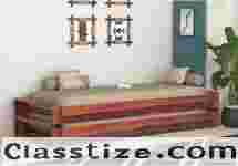 Aper Wooden Sofa Cum Bed in Teak Finish | Urbanwood