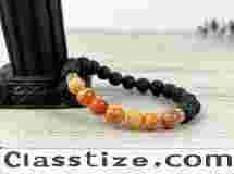 Jasper Bracelet - Essential Oil Bracelet-Diffuser Bracelet - Aromatherapy Bracelet - Orange Imperial Jasper - Stretch Bracelet - Black Lava Rock 
