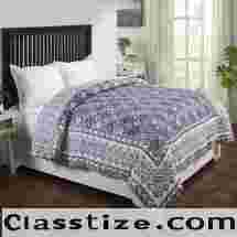 Pochampally Ikat Grey & Blue Color Hand Block Print Lightweight Cotton Quilt