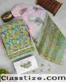 Buy Hand Block Printed Cotton Suit With Kota Dupatta