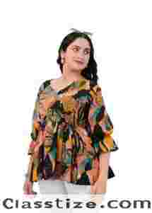  Threadflix Women Pure Cotton Top | Multicolor Floral Print V-Neck Graphic Design | 3/4 Sleeves Breathable Fabric| Short Kurti for Women | Tunic Tops for All Seasons | Casual, Office Wear
