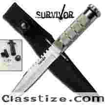 Silver Stainless Steel Emergency Survival Knife with Kit and Sheath