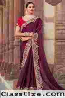 Purple Color Satin Fabric Embroidery work saree