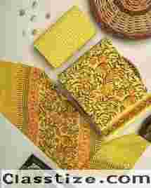 Buy Premium Yellow Hand Block Printed Cotton Suit With Cotton Dupatta Online