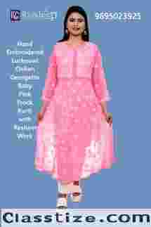 Hand Embroidered Lucknowi Chikan Georgette Baby Pink Frock Kurti with Resham Work