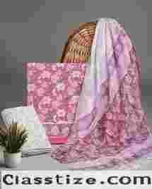 Buy Premium Pink With White Floral Sanganeri Print Cotton Suit With Chiffon Dupatta