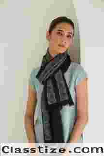 Buy Kani Haft Bail Hand Woven Cashmere Scarf Black Teal Online