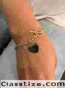 Elegant Endearment: 14K Yellow Gold Heart Charm Toggle Bracelet