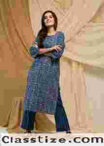 Buy Yana Denim Blue Straight Fit Cotton Kurta Online