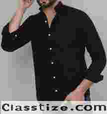 TryBuy Exclusive Men's Black Solid Band Casual Cotton Shirt