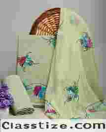 Buy Hand Printed Cotton Suit With Chiffon Dupatta Online 