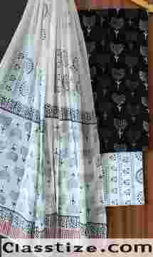 Buy White And Black Printed Cotton Suit With Mulmul Dupatta Online